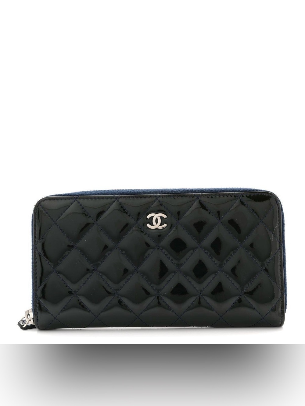 Chanel Black Quilted Patent Leather Zip-Around Wallet